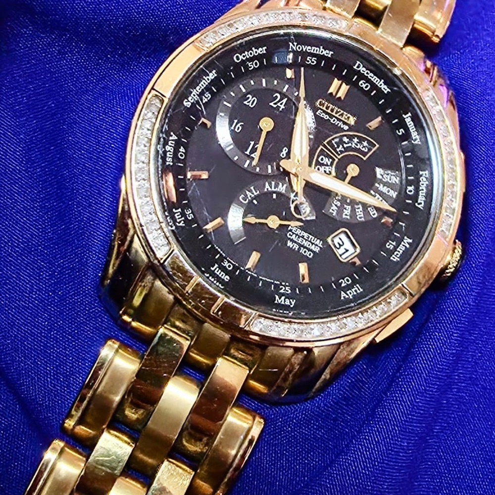 Citizen Corso Eco-Drive Perpetual Calendar Gold Tone Diamond Bezel Mens Watch - Picture 2 of 9